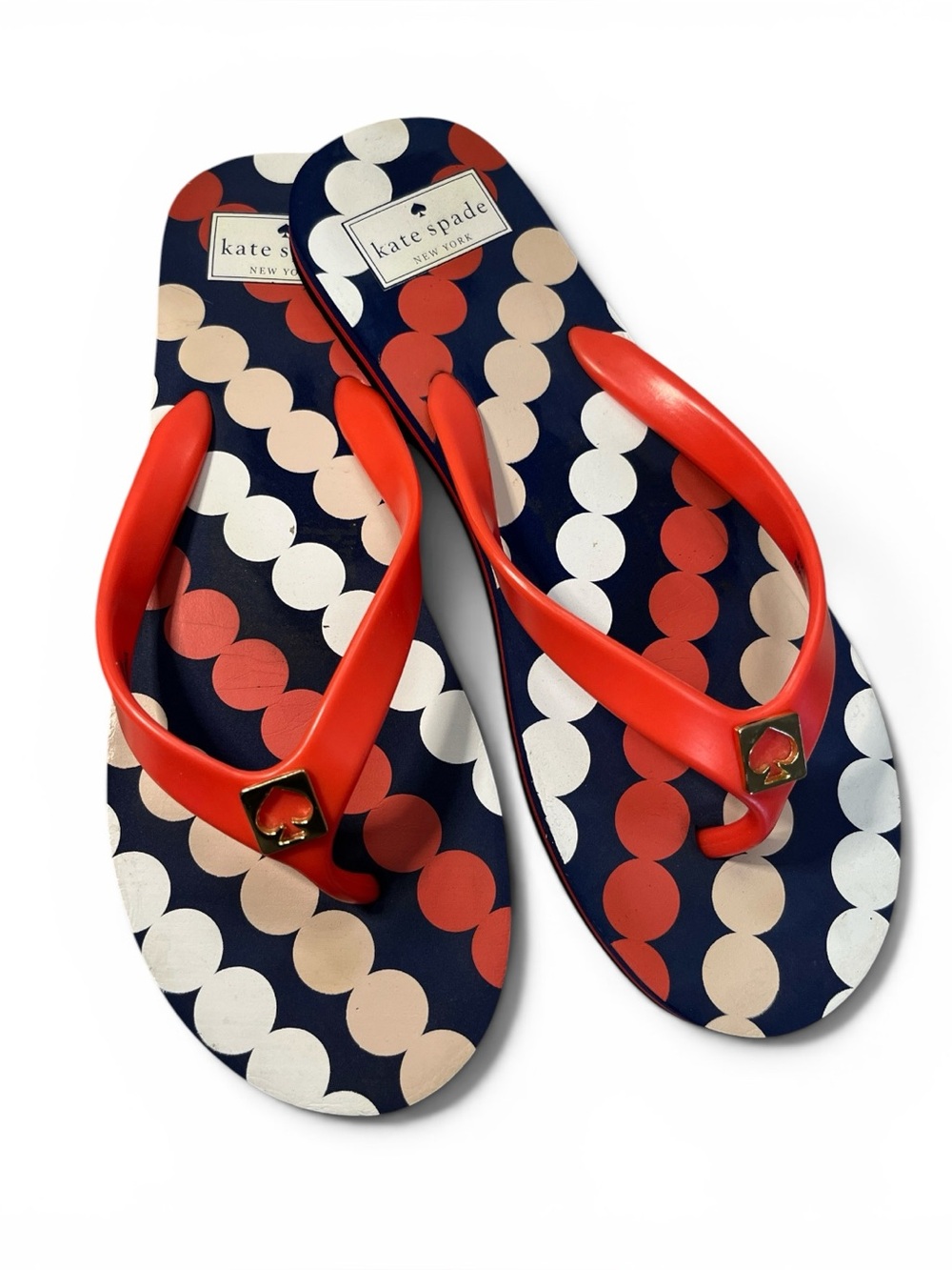 HP 🎊Kate Spade New York Printed Flip Flops Navy Coral Polka Dot Sandals Women’s